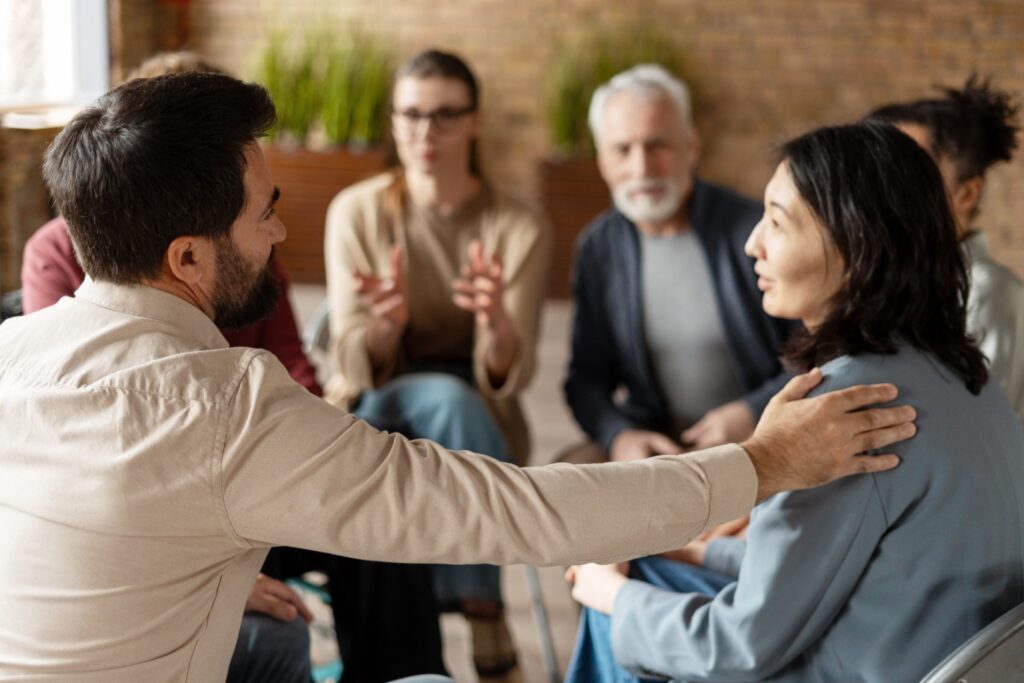 Group discussion and support in a bright office